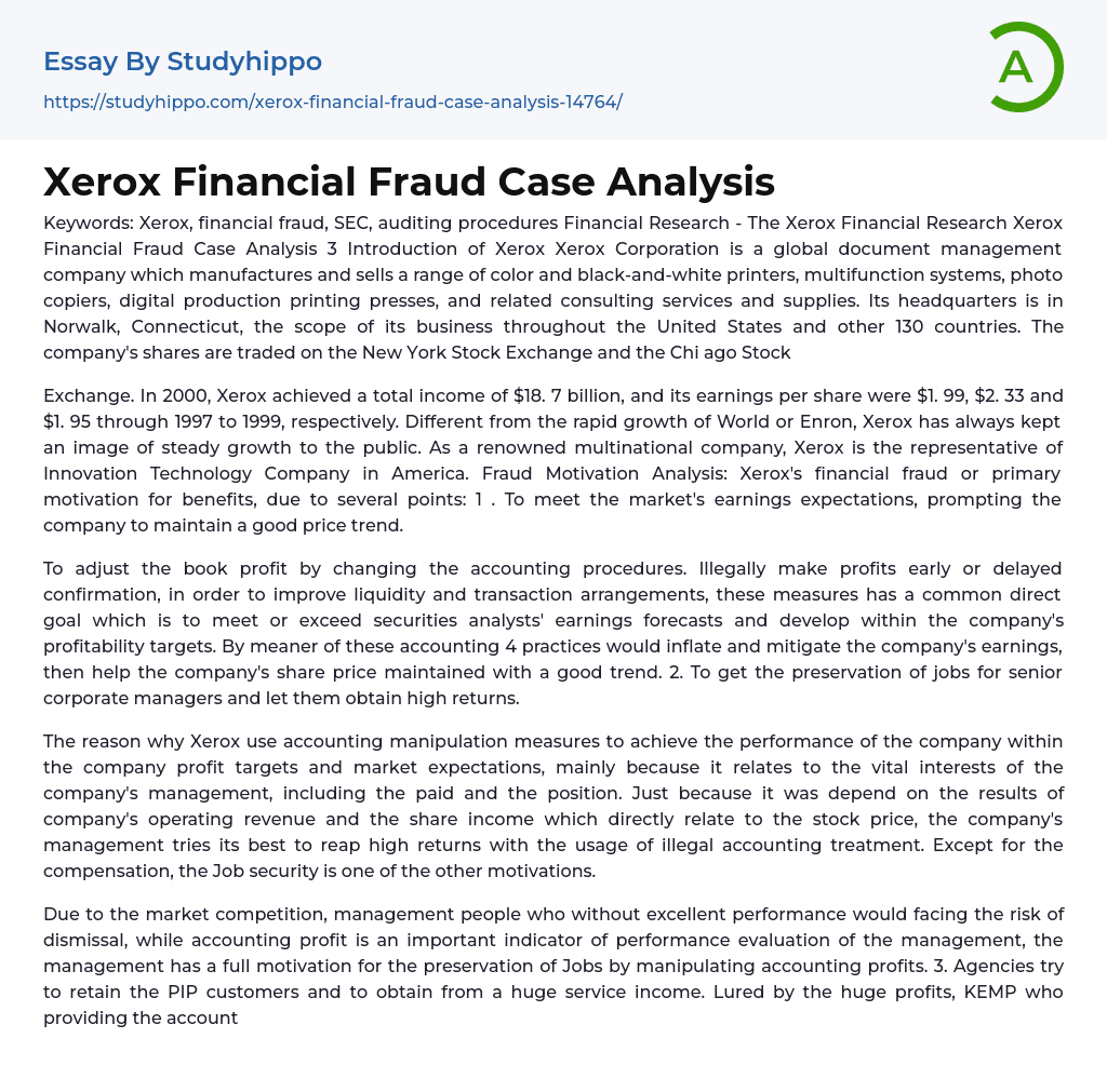 Xerox Financial Fraud Case Analysis Essay Example