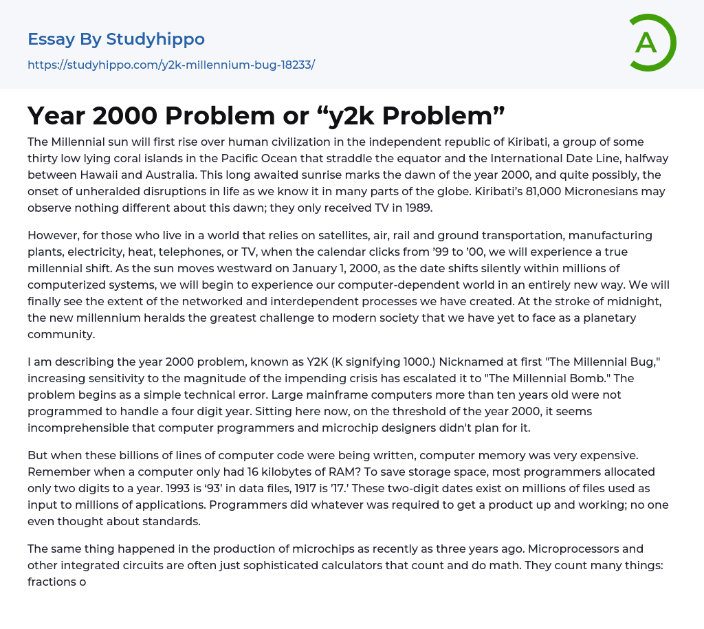Year 2000 Problem or “y2k Problem” Essay Example