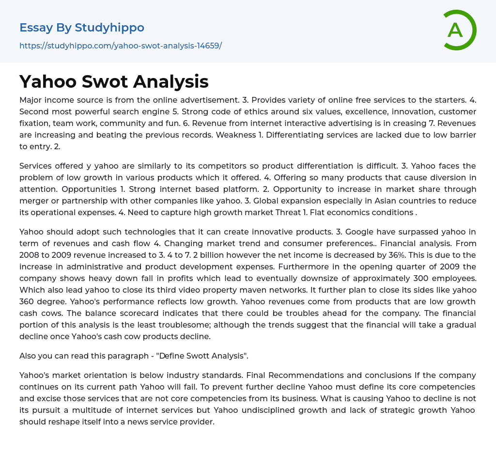 Yahoo Swot Analysis Essay Example