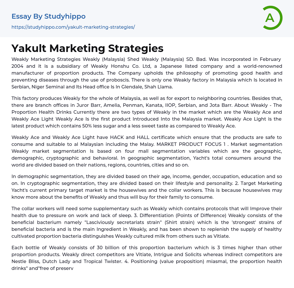 Yakult Marketing Strategies Essay Example