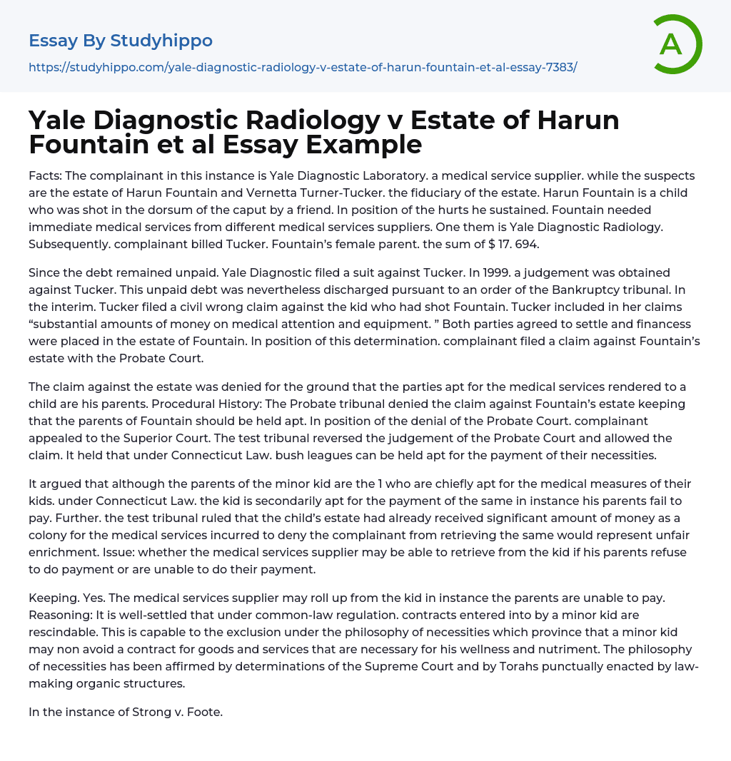 Yale Diagnostic Radiology v Estate of Harun Fountain et al Essay Example