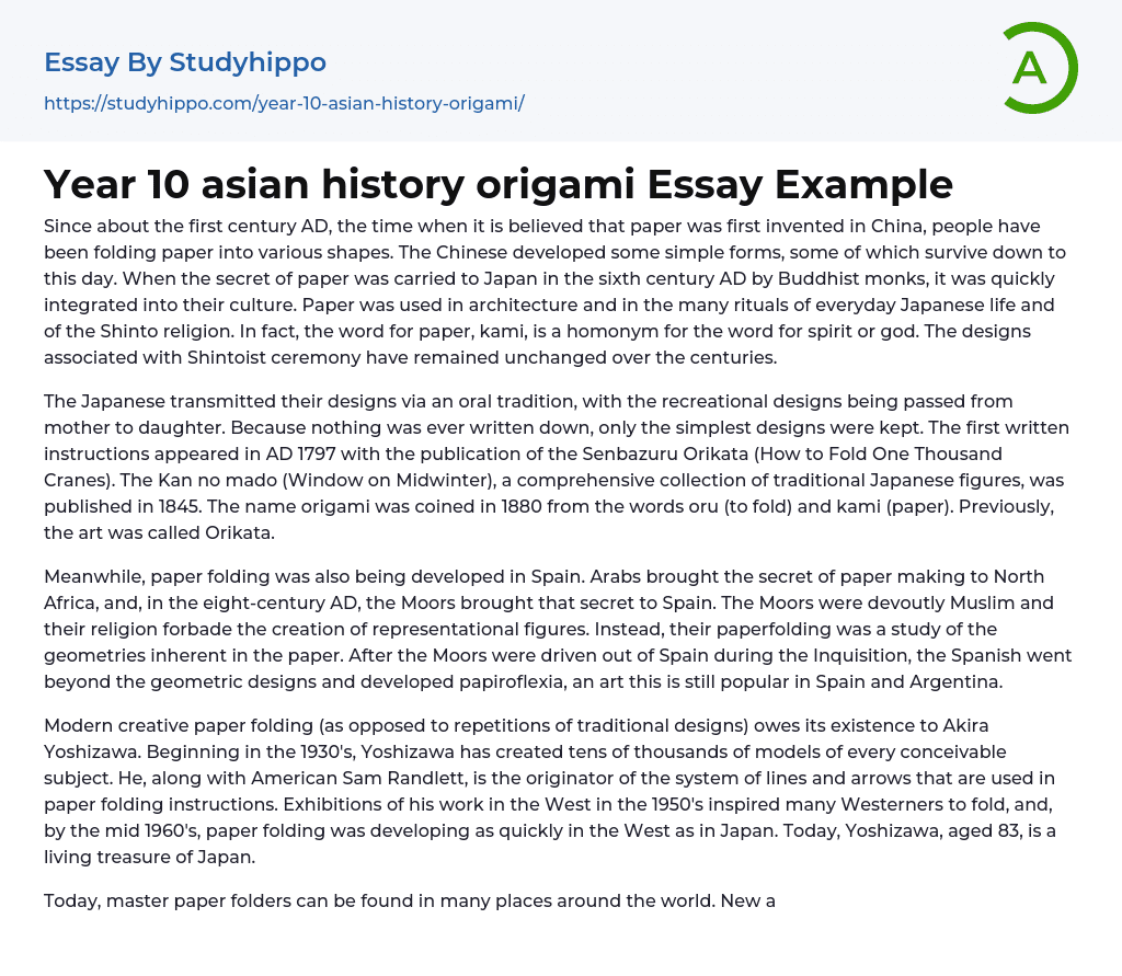 Year 10 asian history origami Essay Example
