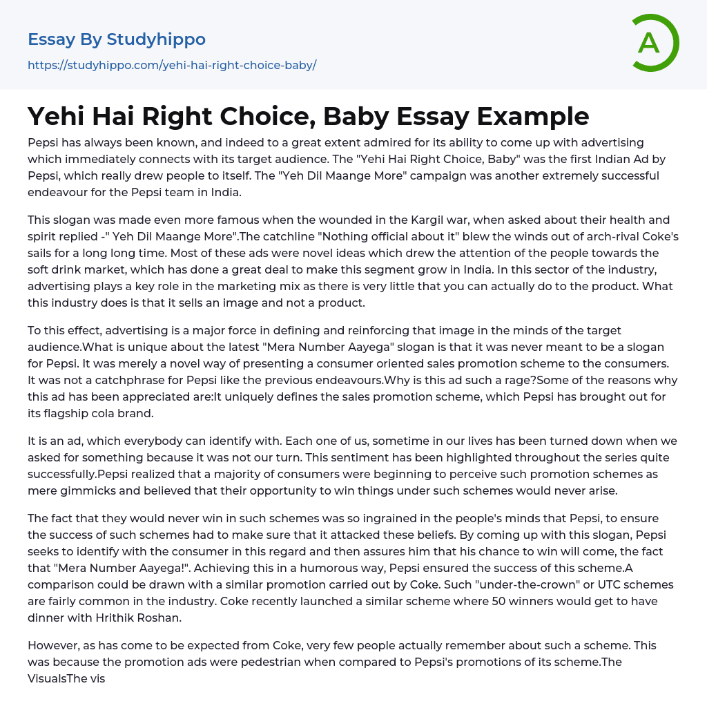Yehi Hai Right Choice, Baby Essay Example
