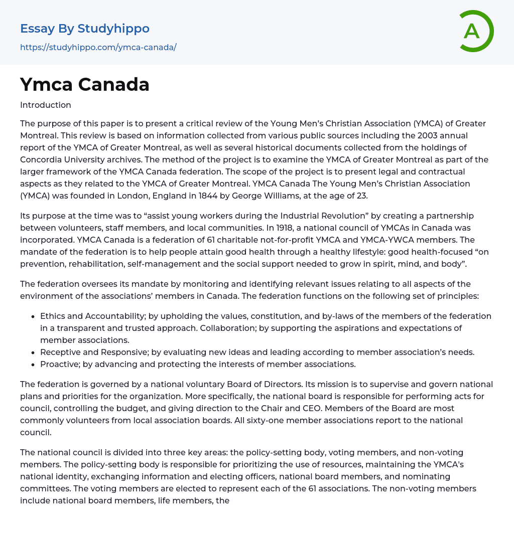 Ymca Canada Essay Example
