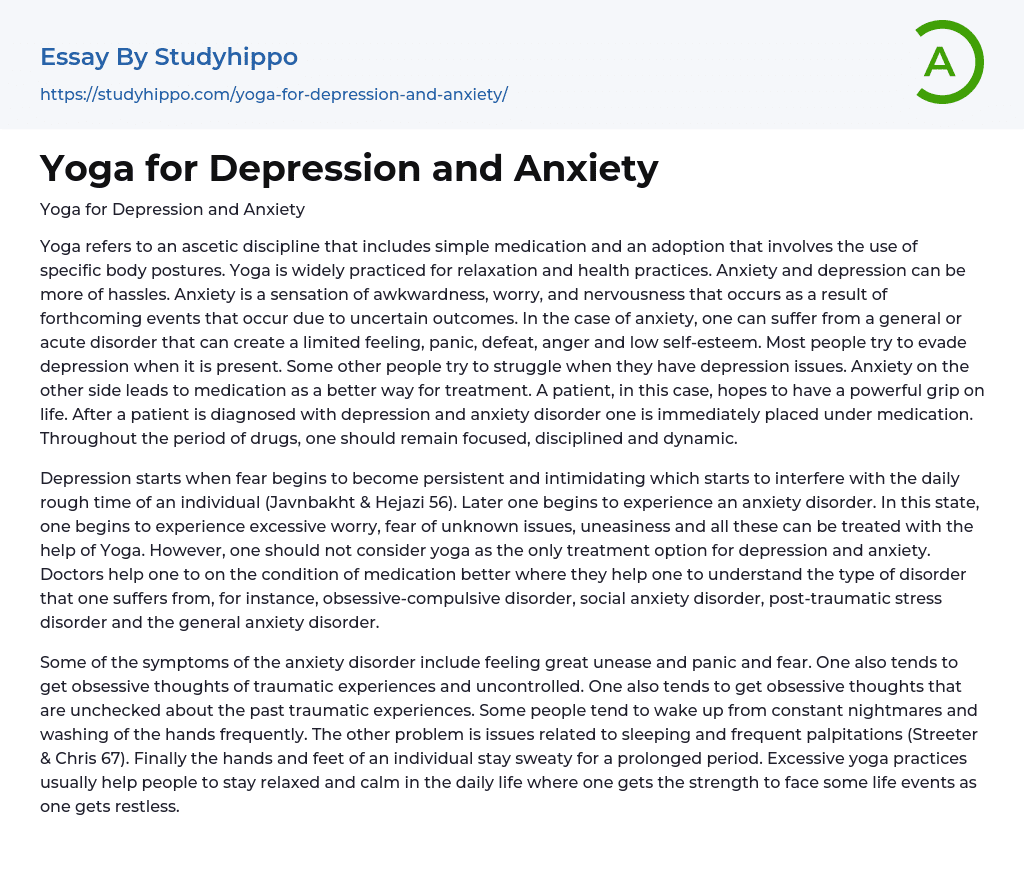 Yoga for Depression and Anxiety Essay Example