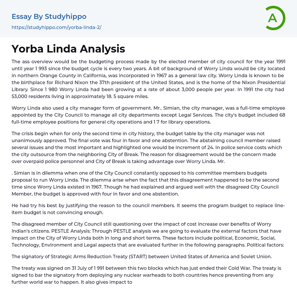 Yorba Linda Analysis Essay Example