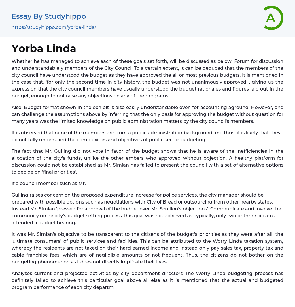 Yorba Linda Essay Example