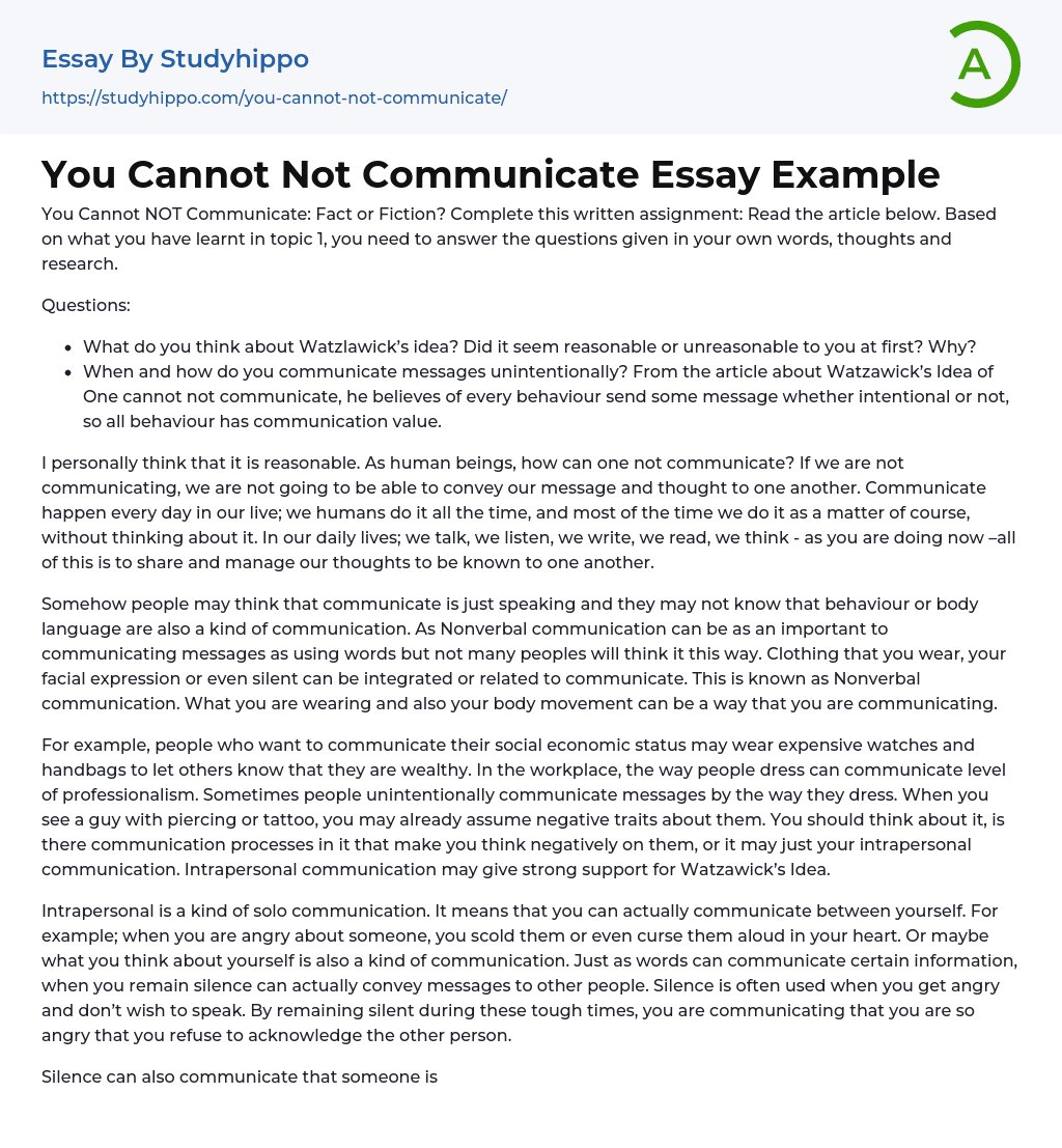 You Cannot Not Communicate Essay Example
