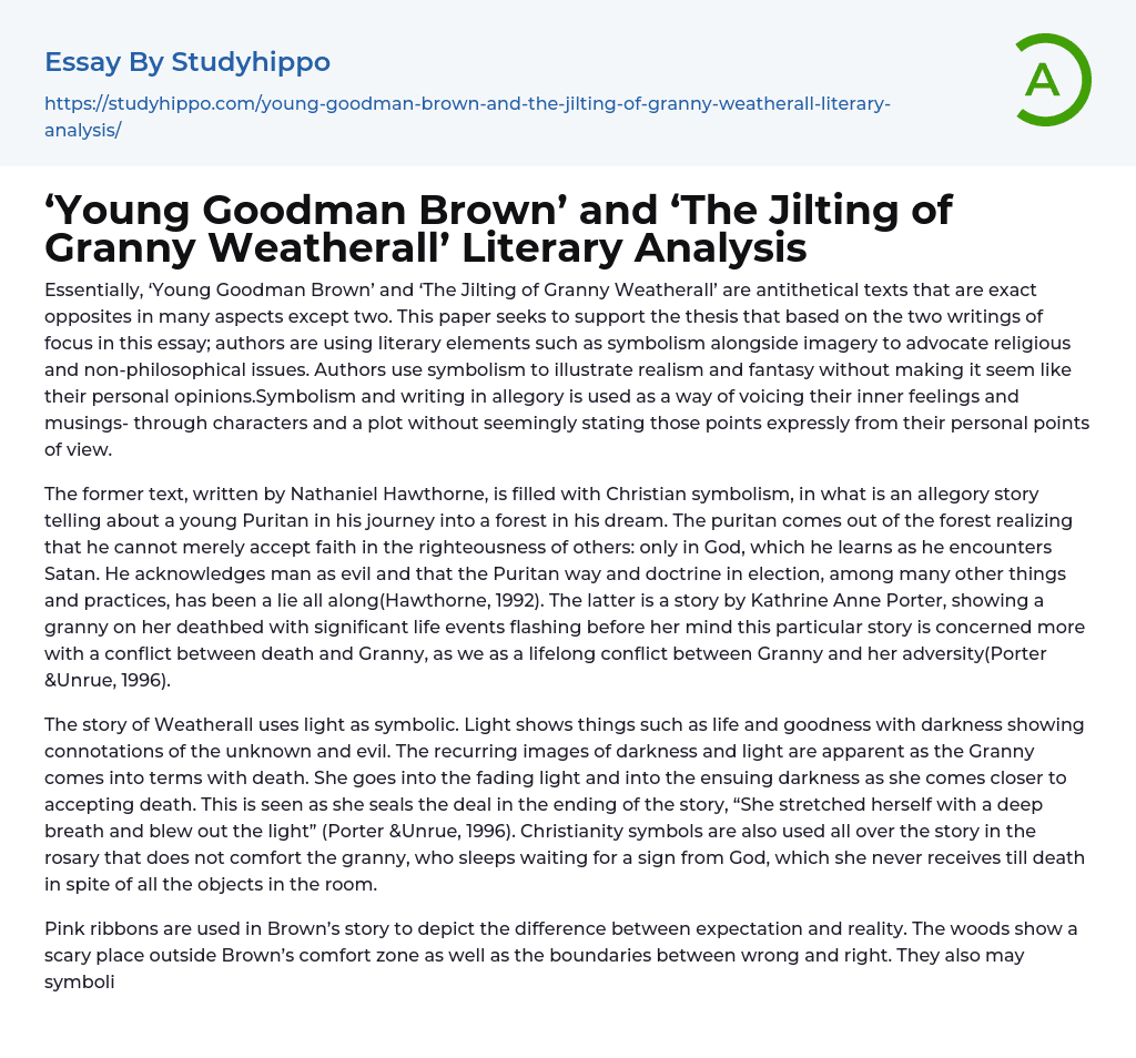 ‘Young Goodman Brown’ and ‘The Jilting of Granny Weatherall’ Literary Analysis Essay Example