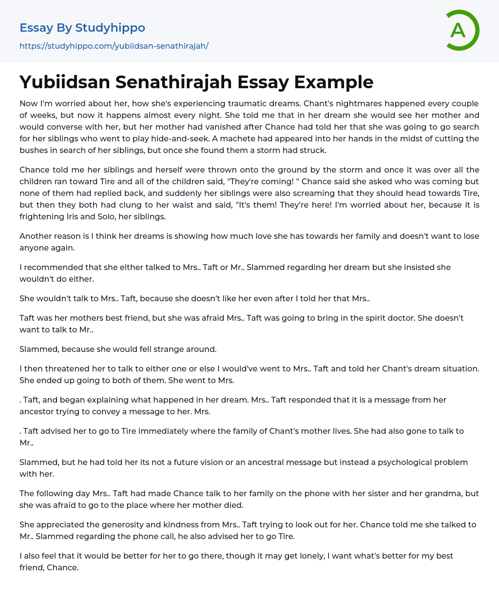 Yubiidsan Senathirajah Essay Example