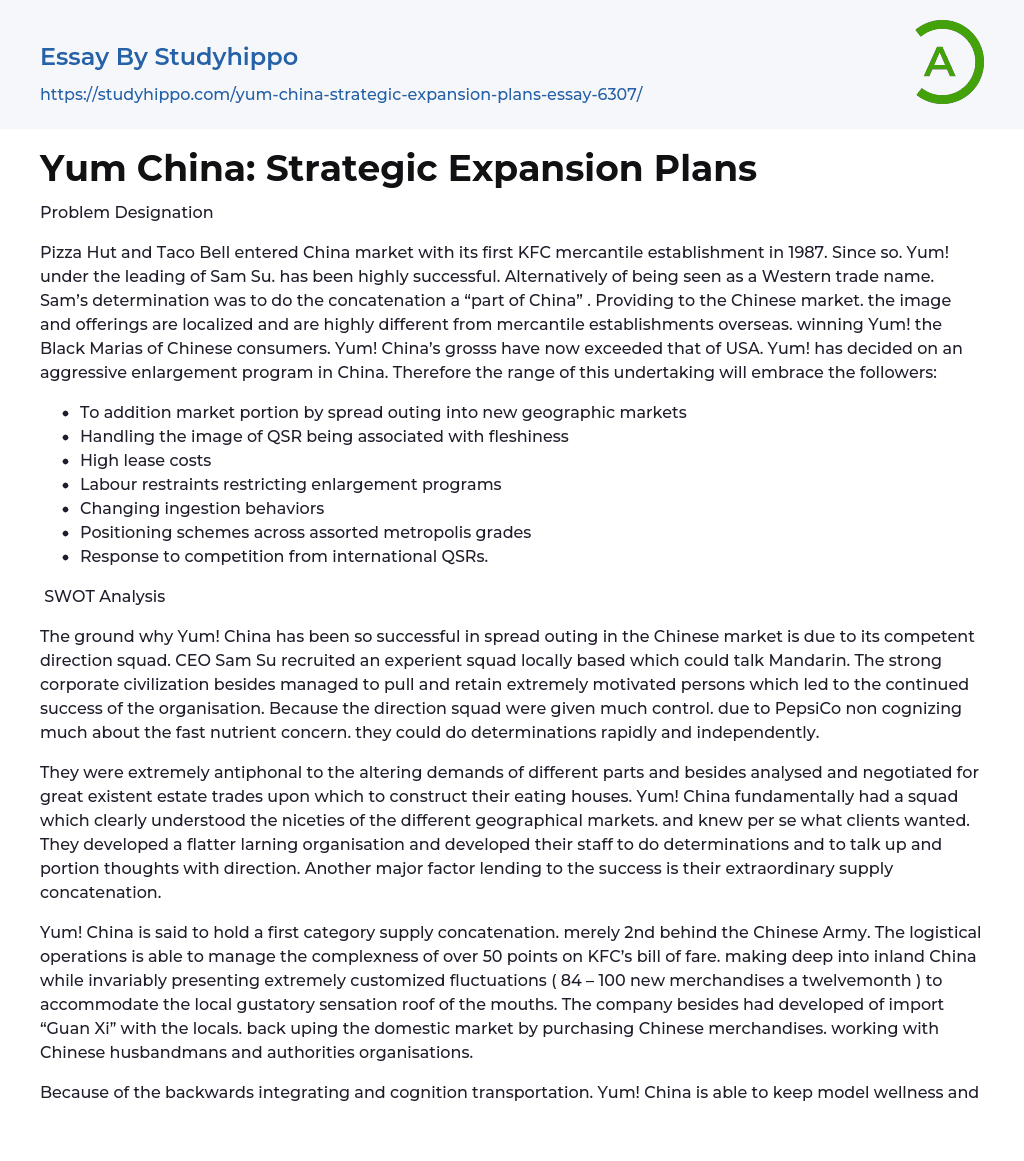 Yum China: Strategic Expansion Plans Essay Example