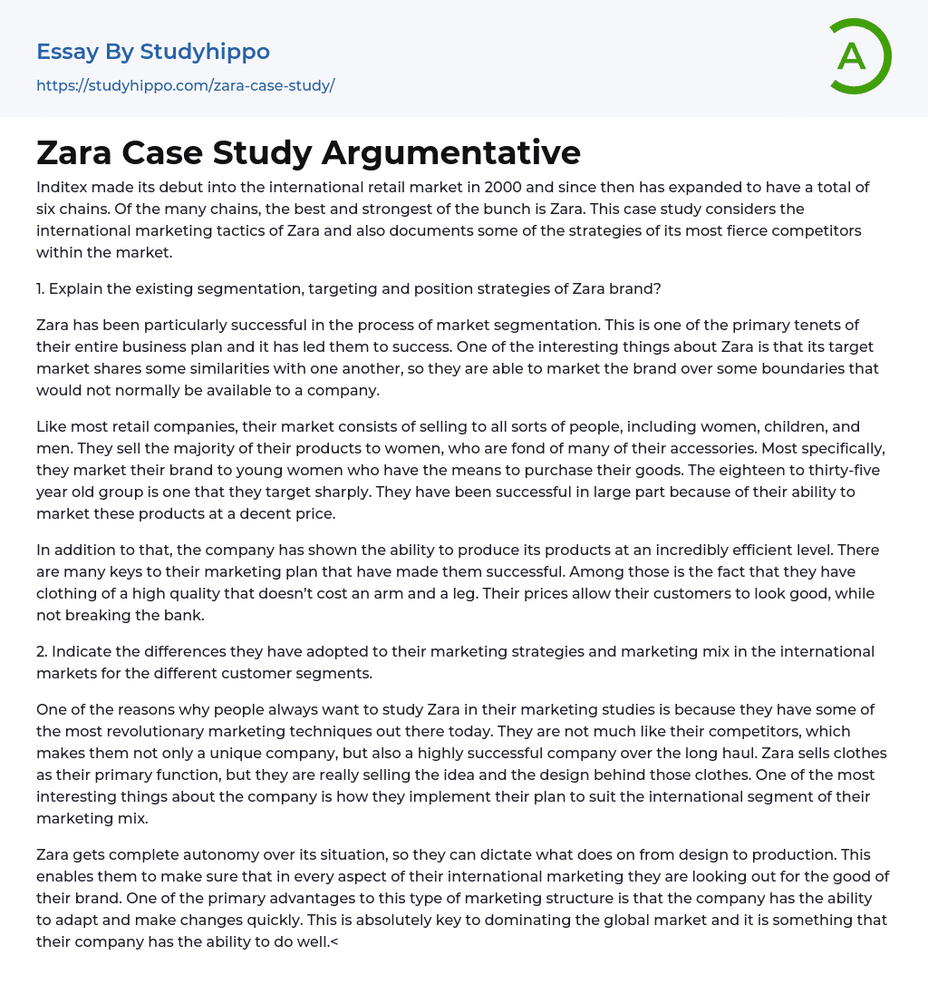 Zara Case Study Argumentative Essay Example