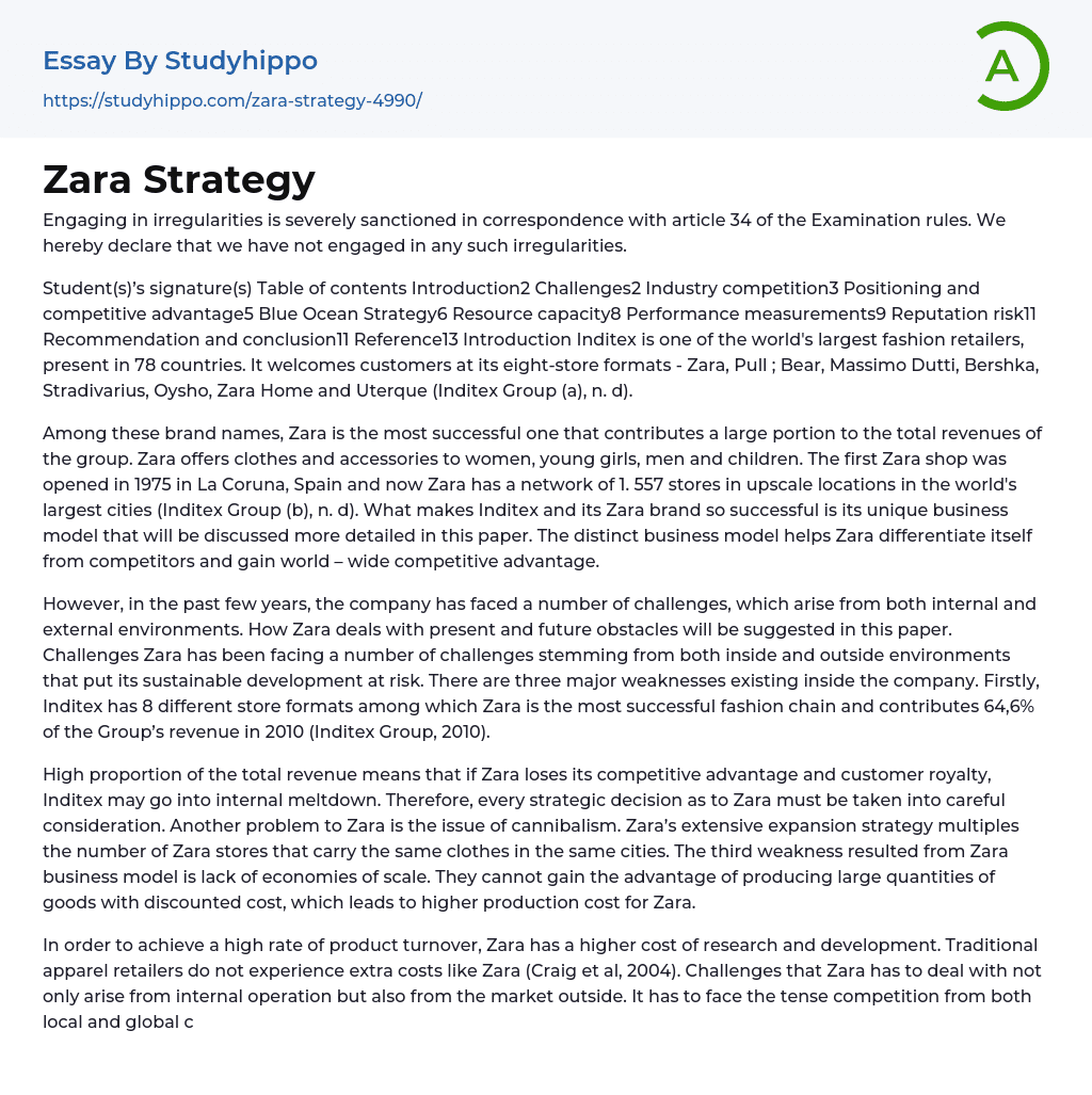 Zara Strategy Essay Example