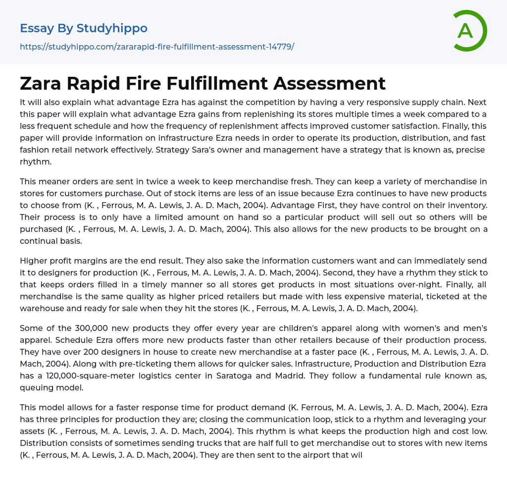 Zara Rapid Fire Fulfillment Assessment Essay Example