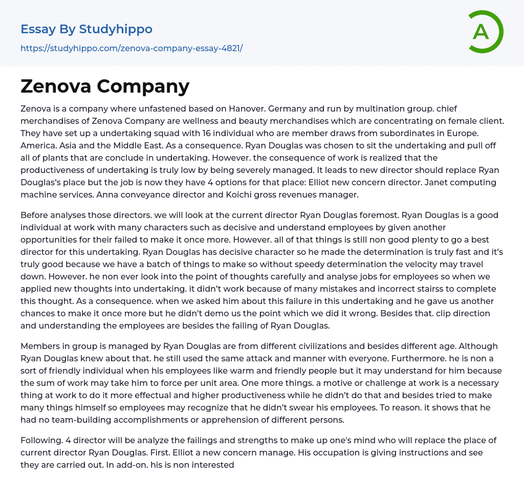 Zenova Company Essay Example