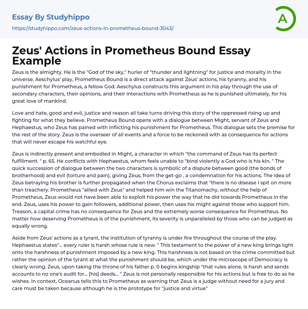 Zeus’ Actions in Prometheus Bound Essay Example