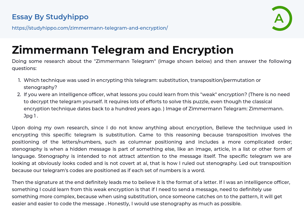 Zimmermann Telegram and Encryption Essay Example