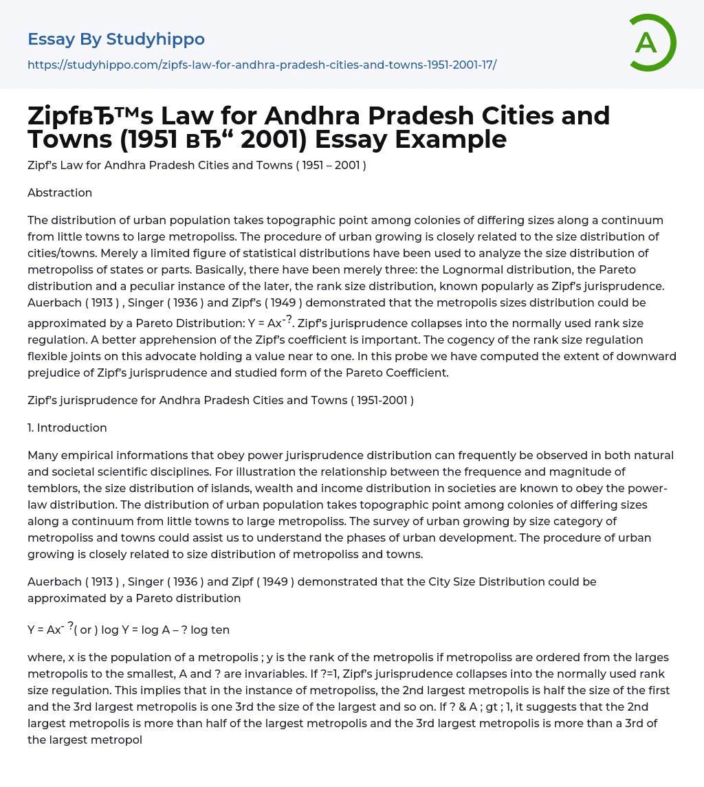 Zipf’s Law for Andhra Pradesh Cities and Towns (1951 2001) Essay Example