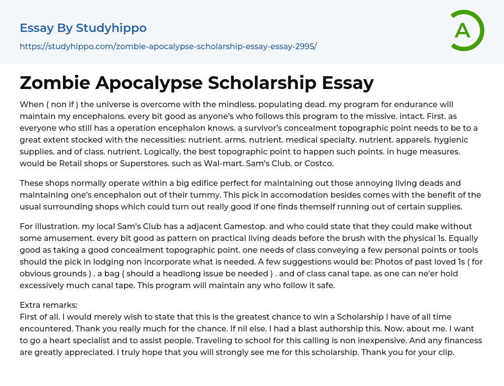 Zombie Apocalypse Scholarship Essay