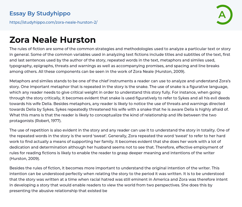 Zora Neale Hurston Essay Example