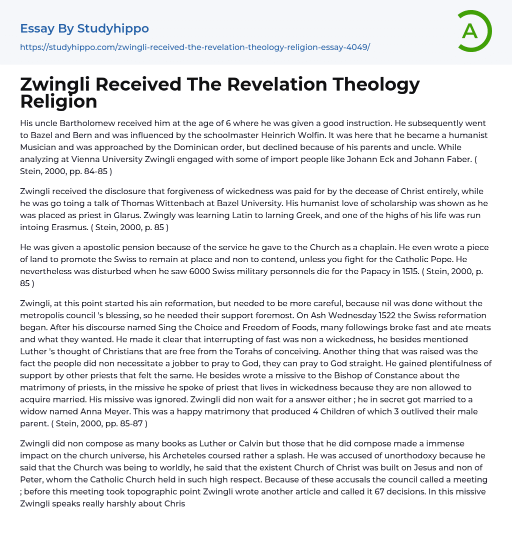 Zwingli Received The Revelation Theology Religion Essay Example