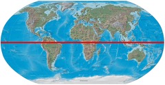 An imaginary line of lattitude (0 degrees) that goes around the globe, half way between the North Pole and the South Pole.