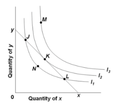 Refer to the diagram where xy is the relevant budget line and I1, I2, and I3 are indifference curves. If the consumer is initially at point L, he or she should: