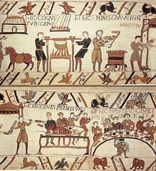 Title/ Designation: Bayeux Tapestry  Artist/ Culture: Romanesque Europe (English or Norman)  Date of Creation: c. 1066-1080 CE  Materials: embroidery on linen