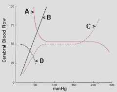 In the graph of cerebral blood flow below, PaCO2 would best be represented by curve: a. A  b. B  c. C d. D