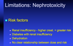 what are 3 risk factors for nephrotoxicity due to contrast?  what's the relationship between dose and risk?